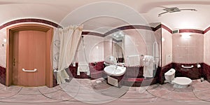 Seamless 360 panorama in interior of  bathroom of cheap hotel,  flat or apartments with washbasin and toilet bowlin