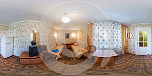 seamless 360 panorama in interior of bedroom of cheap hostel, flat or apartments with chairs sofa and table in equirectangular