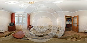 seamless 360 panorama in interior of bedroom of cheap hostel, flat or apartments with chairs sofa and table in equirectangular