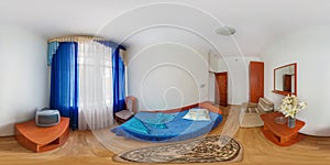 seamless 360 panorama in interior of bedroom of cheap hotel, flat or apartments with chairs and table in equirectangular