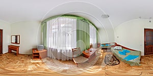 seamless 360 panorama in interior of bedroom of cheap hotel, flat or apartments with chairs and table in equirectangular