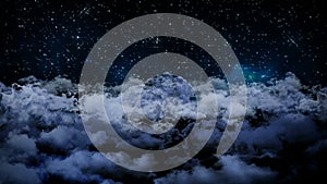 Seamless 3d animation of aerial view of cloudy night sky with clouds and star light falling with camera moving in night scene