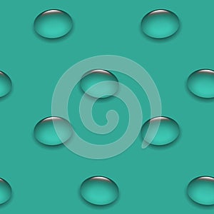 Seamless 3d pattern, realistic transparent drops on an emerald background. print, textile, wallpaper