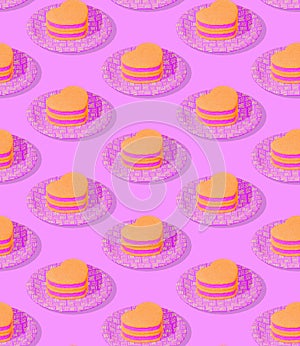 Seamless 3d rendern isometric pattern.  Minimal design. biscuit on a plate. Sweet candy shop, Valentine`s Day, birthday party