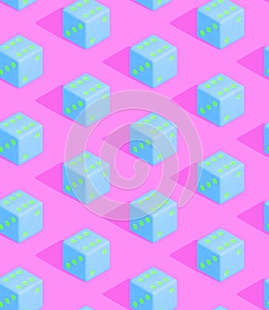 Seamless 3d rendern isometric pattern.  Minimal design. Creative blue dice in pink space