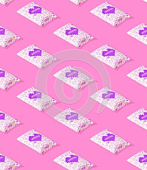 Seamless 3d rendern isometric pattern.  Minimal design. Creative candy box. Text Xoxo. Sweet candy shop, Valentine`s Day, birthda