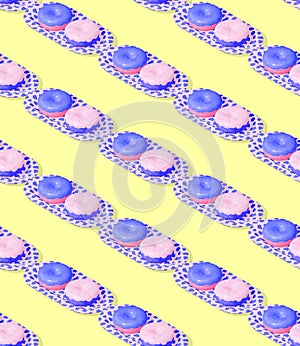 Seamless 3d rendern isometric pattern.  Minimal design. Donuts on a plate. Sweet candy shop, Valentine`s Day, birthday party