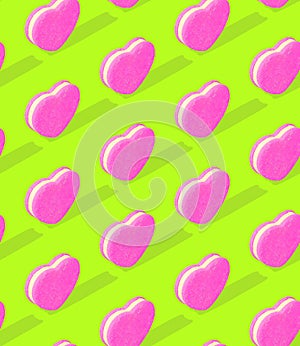 Seamless 3d rendern isometric pattern.  Minimal design. Pink Heart biscuit. Sweet candy shop, Valentine`s Day, birthday party