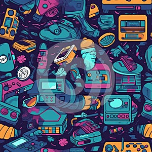 Seamless 80s Retro Pattern with Video Game Theme