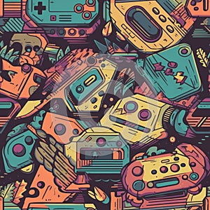 Seamless 80s Retro Pattern with Video Game Theme