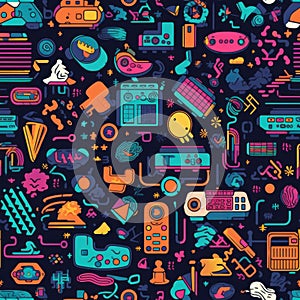 Seamless 80s Retro Pattern with Video Game Theme