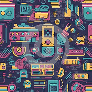 Seamless 80s Retro Pattern with Video Game Theme