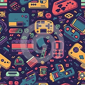 Seamless 80s Retro Pattern with Video Game Theme