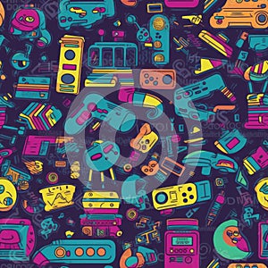 Seamless 80s Retro Pattern with Video Game Theme