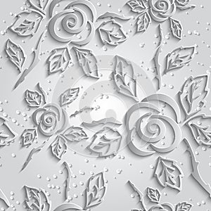 Seamless abstract 3D white background. Paper roses with drop