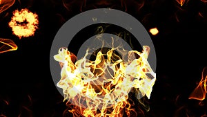 Seamless abstract animation of fire source burning with flame spark and heat blast radiation in black isolated background pattern