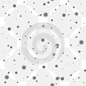 Seamless abstract background with blue dots, stars, triangles, gray circles on white