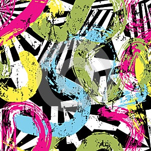 Seamless abstract background composition, with stripes, black and white, paint strokes and splashes