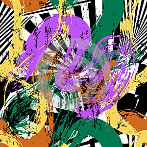 Seamless abstract background composition, with stripes, black and white, paint strokes and splashes