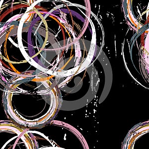 Seamless abstract background pattern, with circles, paint strokes and splashes, on black