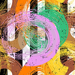 Seamless abstract background pattern, with circles, stripes, paint strokes and splashes