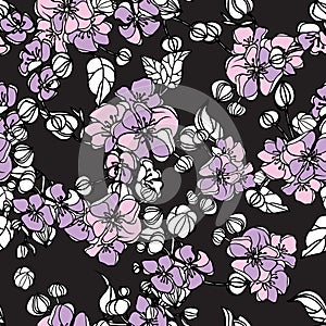 Seamless abstract background with stylization roses. Gray,pink, purple white flowers on black background.