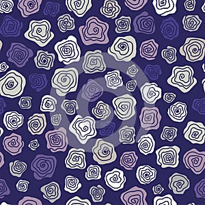 Seamless abstract background with stylization roses. Gray,pink, white flowers on dark background.