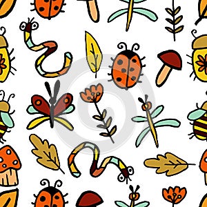 Seamless abstract decorative autumn pattern. Mushrooms, insects, flower and autumn leaves. Bee, dragonfly, beetle, butterfly, worm
