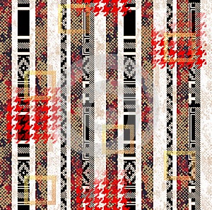 Seamless Abstract Design, Hounds Tooth and Ethnic on Lined Background.