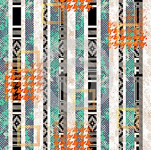 Seamless Abstract Design, Hounds Tooth and Ethnic on Lined Background.