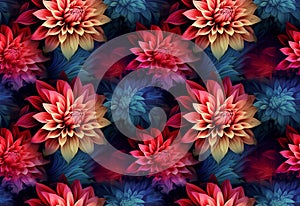 Seamless Abstract floral background with colorful leaves and flowers. Dahlia petals in red color, blue green leaves on a dark