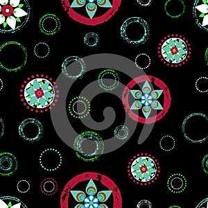 Seamless abstract floral background pattern, with circles, strokes and splashes.