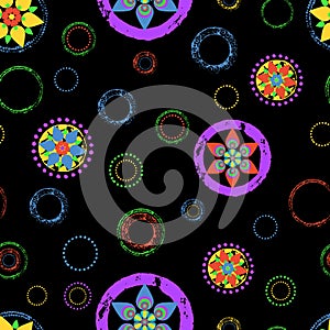 Seamless abstract floral background pattern, with circles, strokes and splashes.