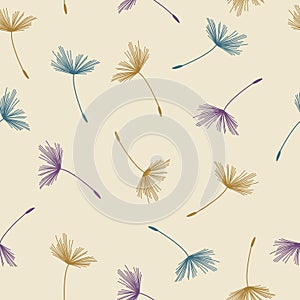 Seamless abstract floral pattern of dandelion flying seeds in pastel colors on beige background. Vintage retro style