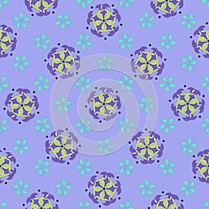 Seamless abstract floral pattern of large flowers with violet and yellow-green petals, small blue flowers. White stripes, black