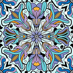Seamless abstract floral pattern. Ornamental garland flowers in blue and purple on white background. Vector illustration.