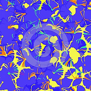 Seamless abstract floral texture pattern for fabric printing. Blue yellow summer design suitable for printing on