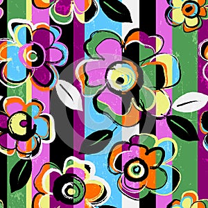 Seamless abstract flower pattern, composition with stripes, paint strokes and splashes