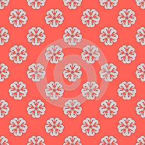 Seamless abstract flower pattern with dull pink petals and white stripes, bright orange dawn color background