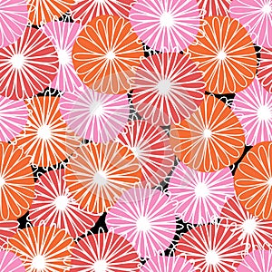 Seamless abstract flowers vector pattern. Bold florals red orange pink white Scandinavian flat style repeating
