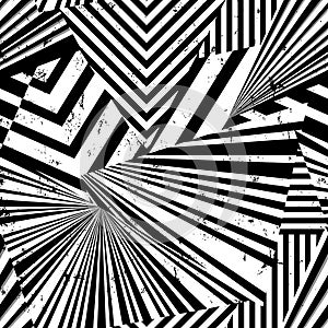 Seamless abstract geometric background pattern, with triangles, lines, paint strokes and splashes, black and white