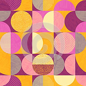 Seamless abstract geometric modern pattern. Retro bauhaus design of circles, squares and textures.