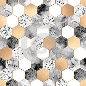 Seamless abstract geometric pattern with gold foil, gray marble and watercolor hexagons