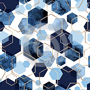 Seamless abstract geometric pattern with gold foil outline and deep blue watercolor hexagons