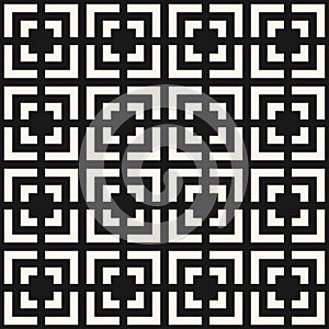 Seamless abstract geometric pattern with interlocking black squares and grid
