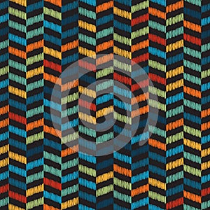 Seamless abstract geometric pattern with multicolored rectangles on a black background. Chevron style. Graphic vector texture.