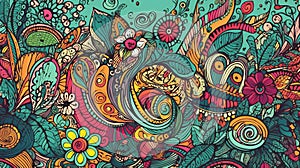 Seamless abstract hand-drawn pattern, waves and flowers. Colorful background