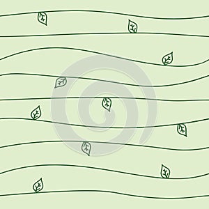 Seamless abstract hand drawn pattern with waves and leaves, light green color, vector