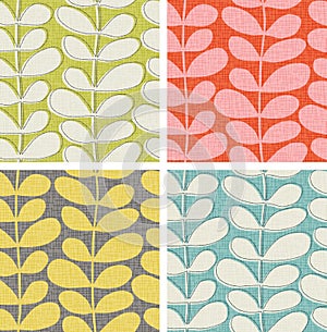 Seamless abstract leaf and vine pattern in 4 color ways with texture overlay.