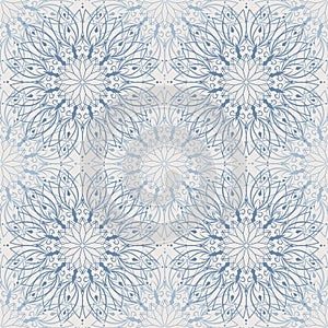 Seamless abstract light blue mandala pattern, floral background.